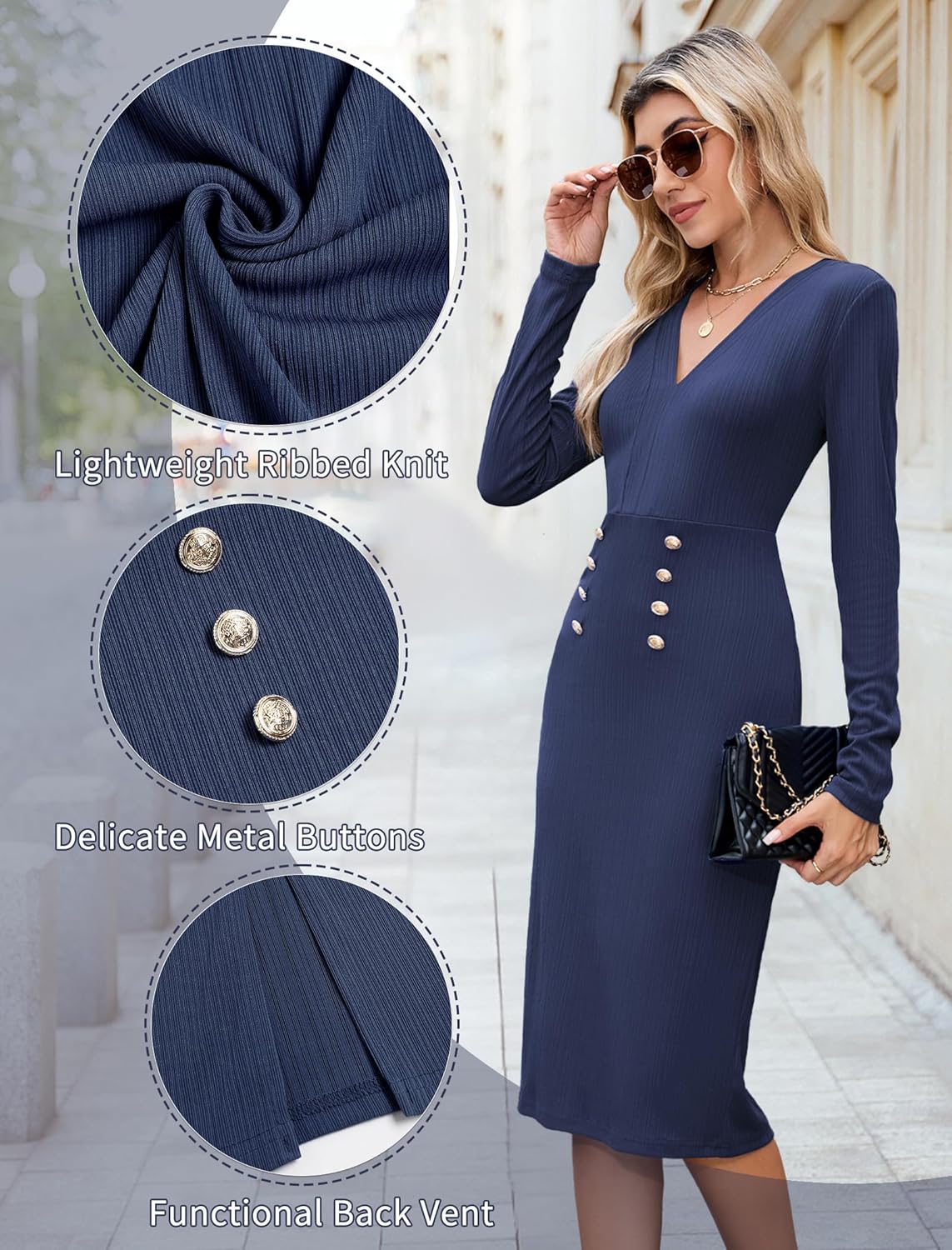 ZAFUL Women's Long Sleeve Wear to Work Midi Dress Lightweight V Neck Business Office Sheath Bodycon Pencil Office Dress Fall