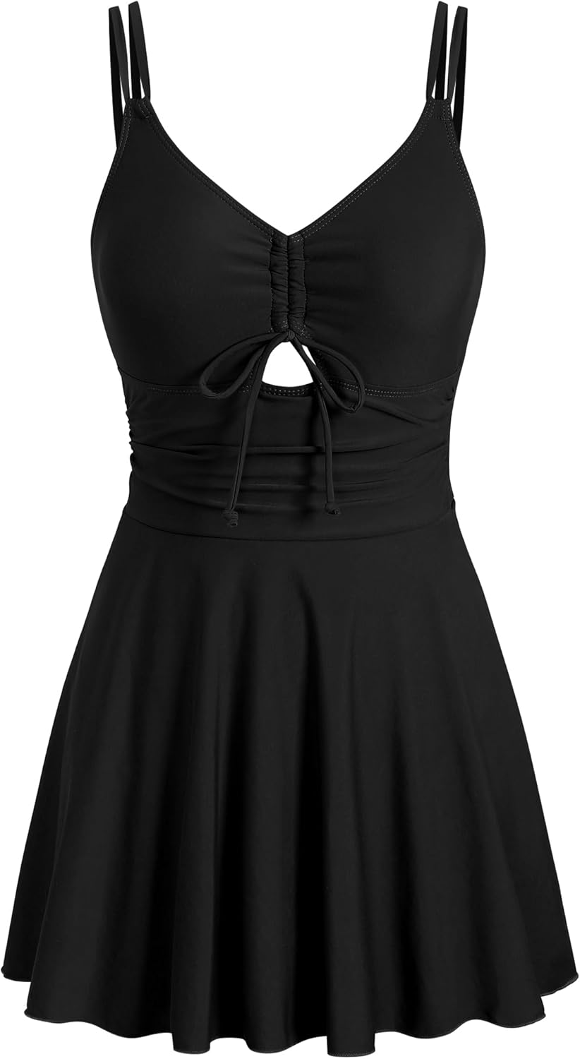 ZAFUL Womens One Piece Swimsuit Tummy Control Swimdress V Neck Cutout Bathing Suit Skirt