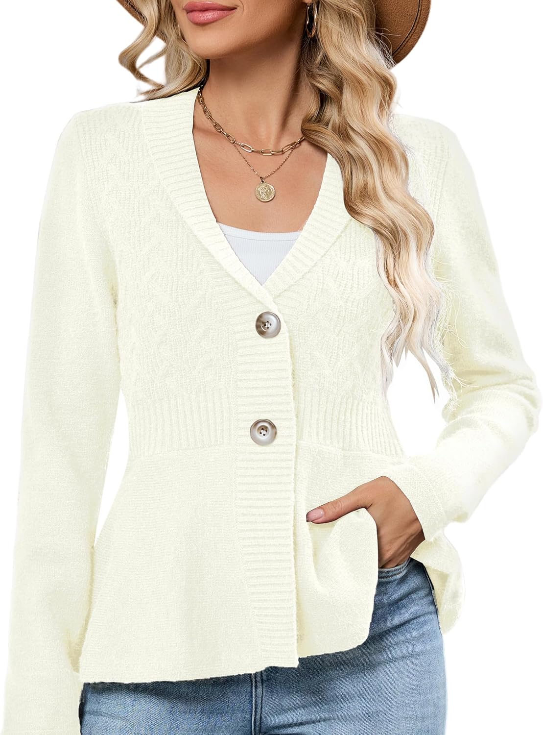 ZAFUL Womens Peplum Cardigan Knit Shawl Lapel Open Front Sweaters Button Down Jackets Blazer Crochet Vintage Tops for Work