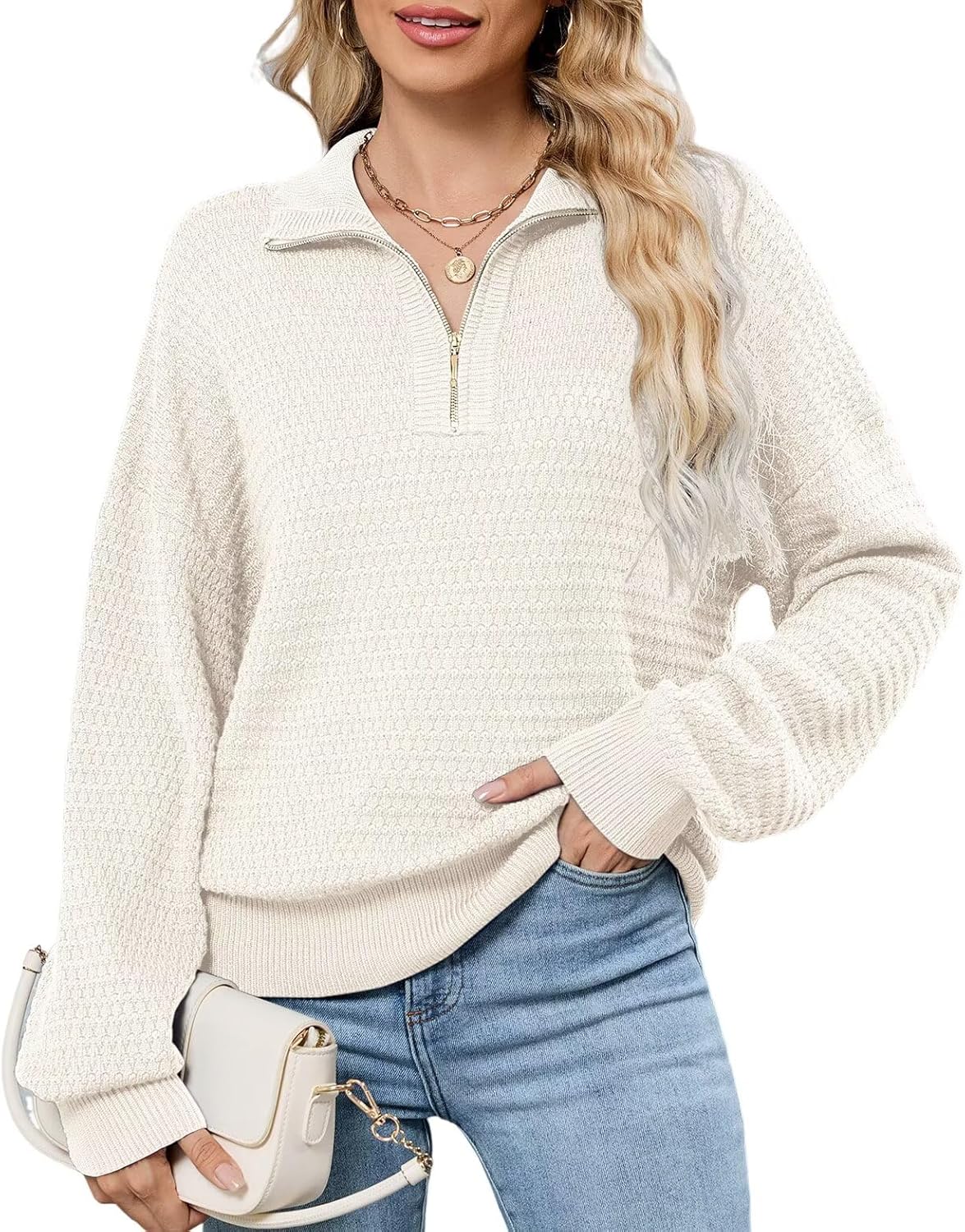 ZAFUL Womens Quarter Zip Pullover Sweater Casual Fall Oversized Sweaters Long Sleeve V Neck Texture Knit Jumper Tops Outfits