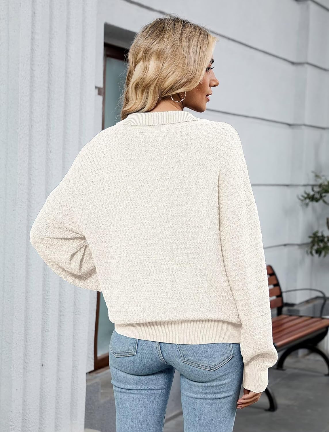 ZAFUL Womens Quarter Zip Pullover Sweater Casual Fall Oversized Sweaters Long Sleeve V Neck Texture Knit Jumper Tops Outfits