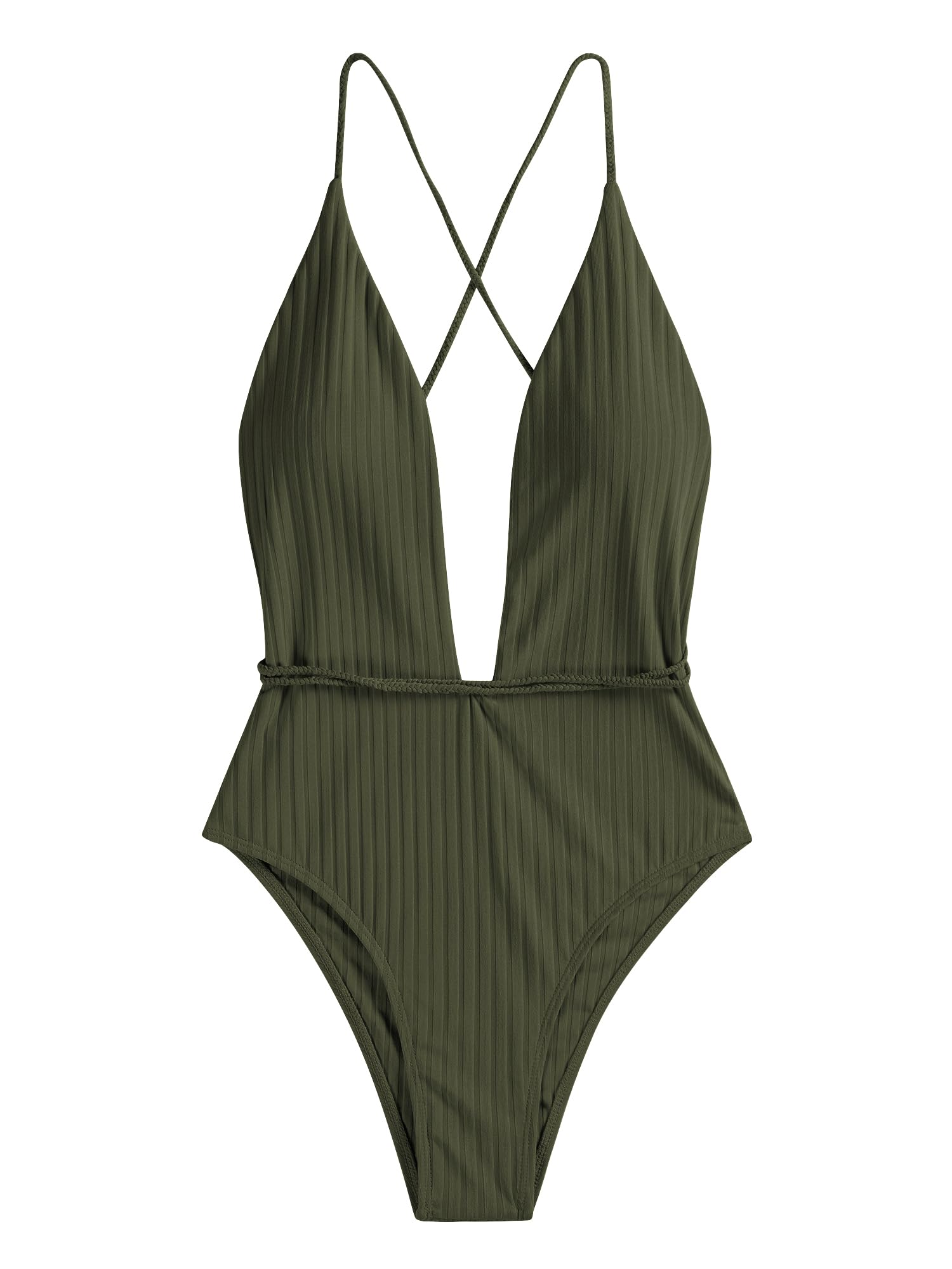ZAFUL Women’s Ribbed One Piece Swimsuit Deep V Neck Bathing Suit Crisscross Back Self Tie Monokini