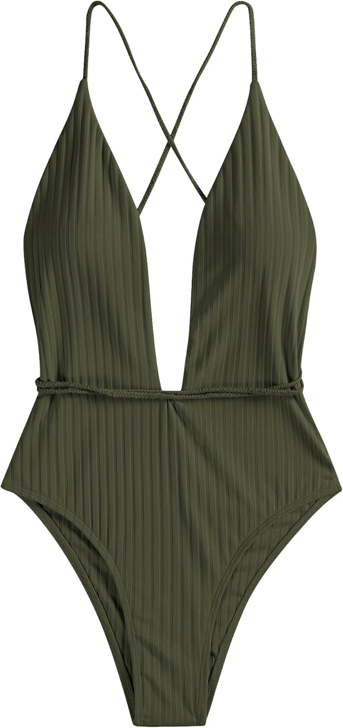 ZAFUL Women’s Ribbed One Piece Swimsuit Deep V Neck Bathing Suit Crisscross Back Self Tie Monokini