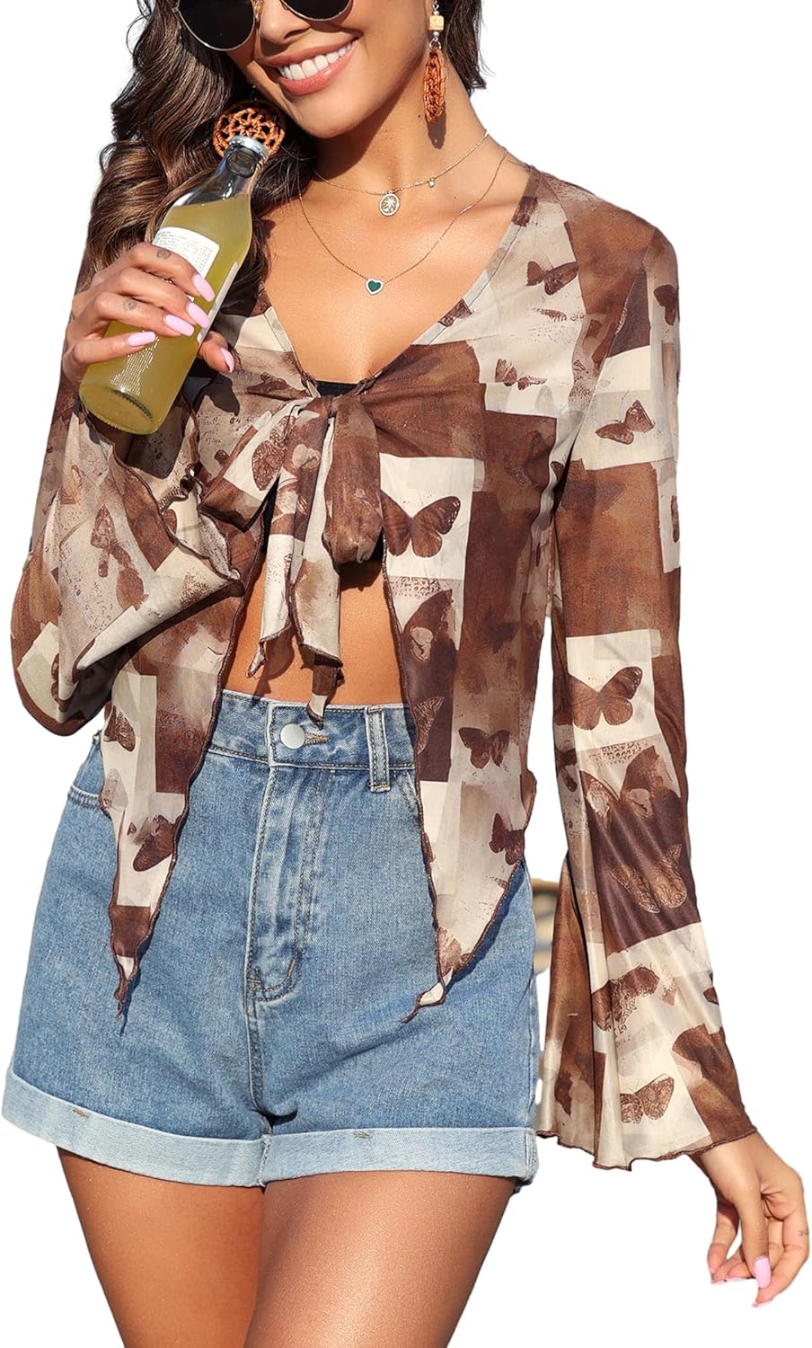 ZAFUL Women's Sheer Shrug Y2K Long Sleeve Cardigans 2024 Irregular Tie Front Bolera