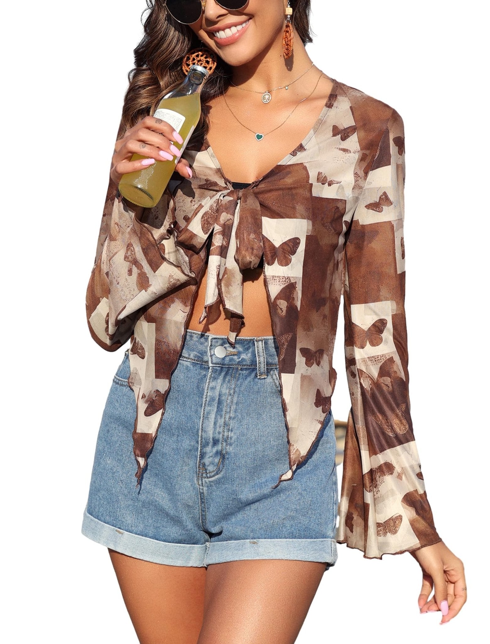 ZAFUL Women's Sheer Shrug Y2K Long Sleeve Cardigans 2024 Irregular Tie Front Bolera