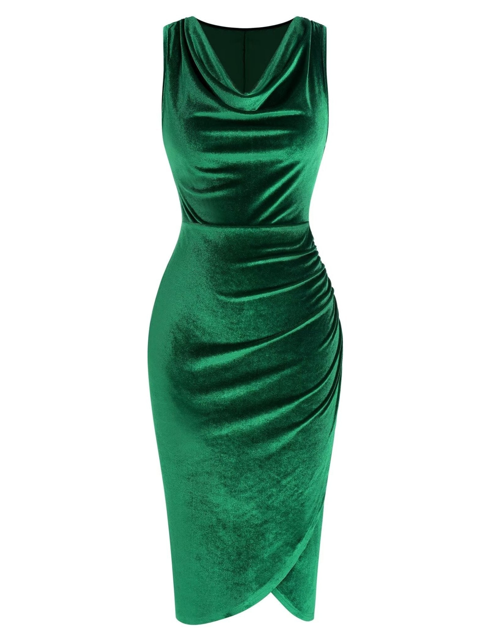 ZAFUL Womens Sleeveless Velvet Cocktail Dresses Cowl Neck Party Midi Wedding Guest Dress Ruched Slit Bodycon Dress