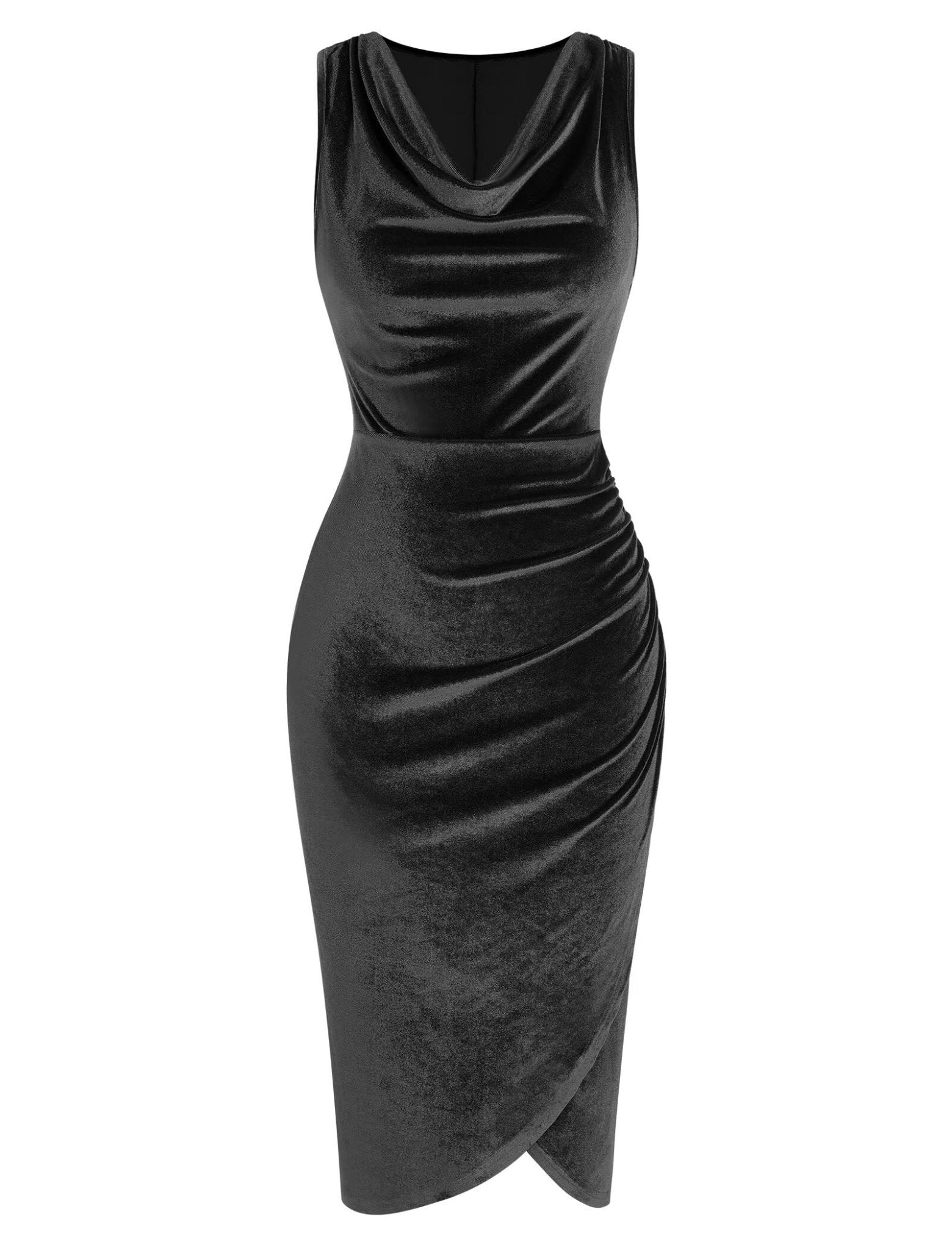 ZAFUL Womens Sleeveless Velvet Cocktail Dresses Cowl Neck Party Midi Wedding Guest Dress Ruched Slit Bodycon Dress