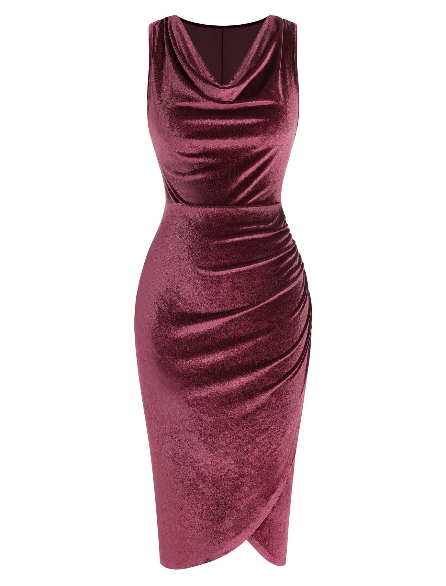 ZAFUL Womens Sleeveless Velvet Cocktail Dresses Cowl Neck Party Midi Wedding Guest Dress Ruched Slit Bodycon Dress