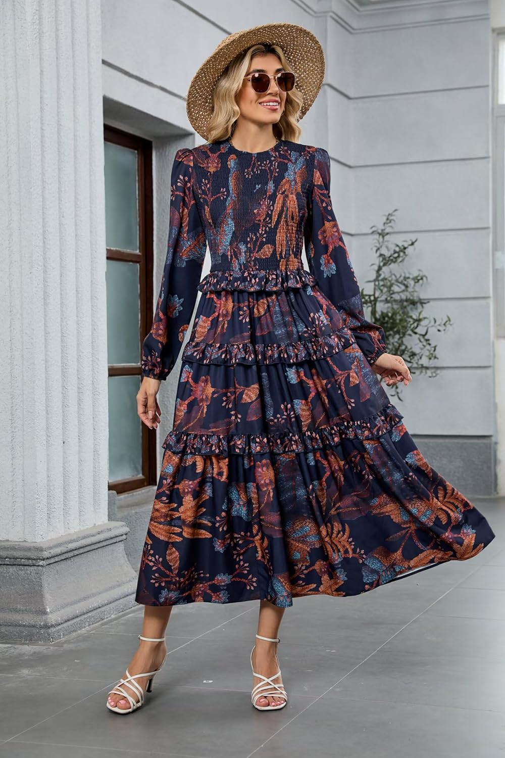 ZAFUL Women's Smocked Maxi Floral Dress Long Sleeve Boho Crew Neck Sun Dresses Casual High Waist Fall Flowy Dress(Navy,XL)