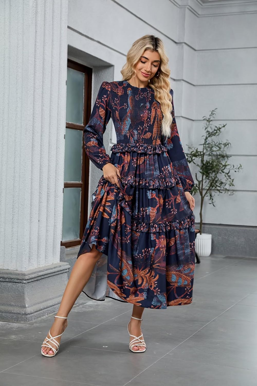ZAFUL Women's Smocked Maxi Floral Dress Long Sleeve Boho Crew Neck Sun Dresses Casual High Waist Fall Flowy Dress(Navy,XL)