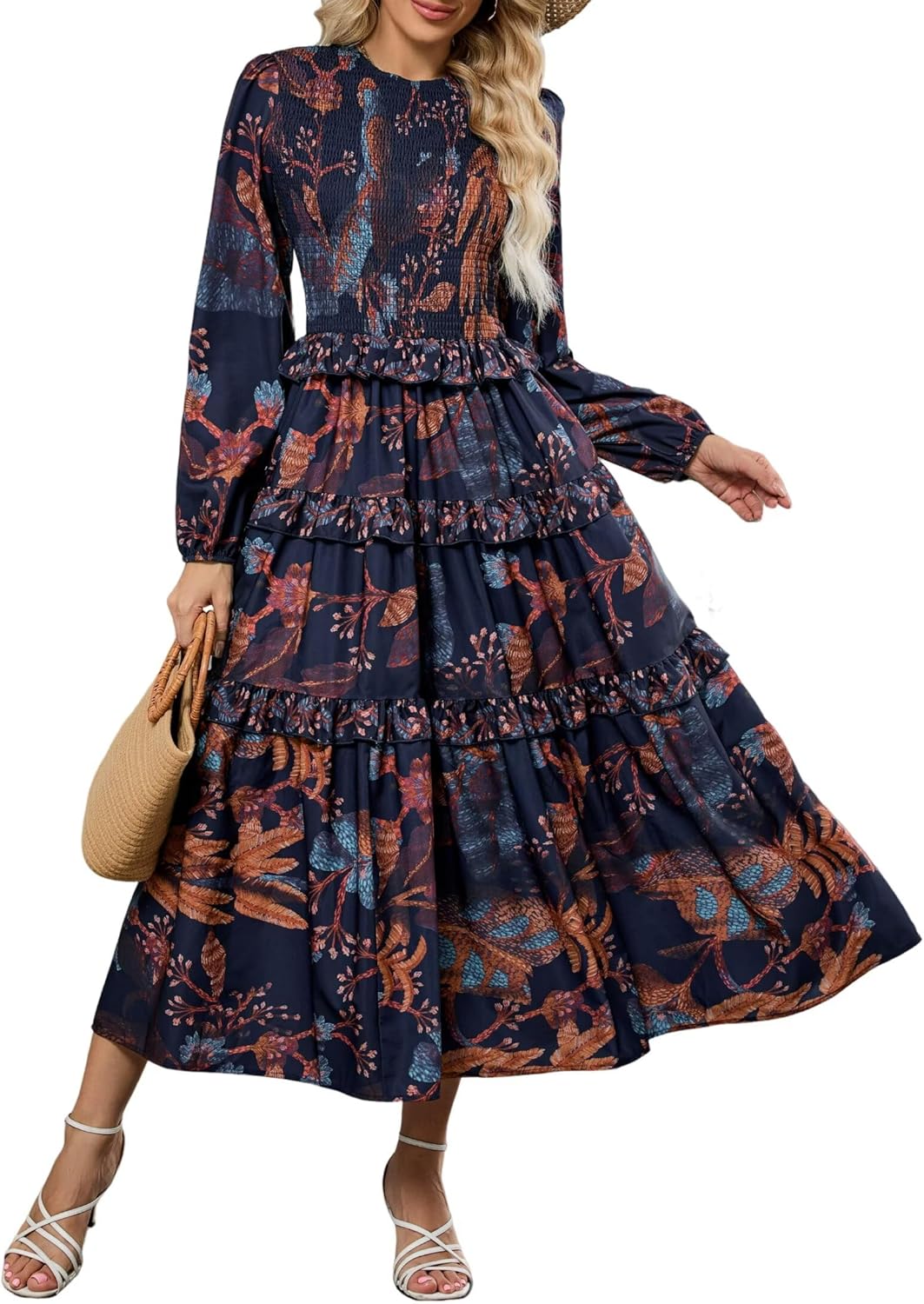 ZAFUL Women's Smocked Maxi Floral Dress Long Sleeve Boho Crew Neck Sun Dresses Casual High Waist Fall Flowy Dress(Navy,XL)