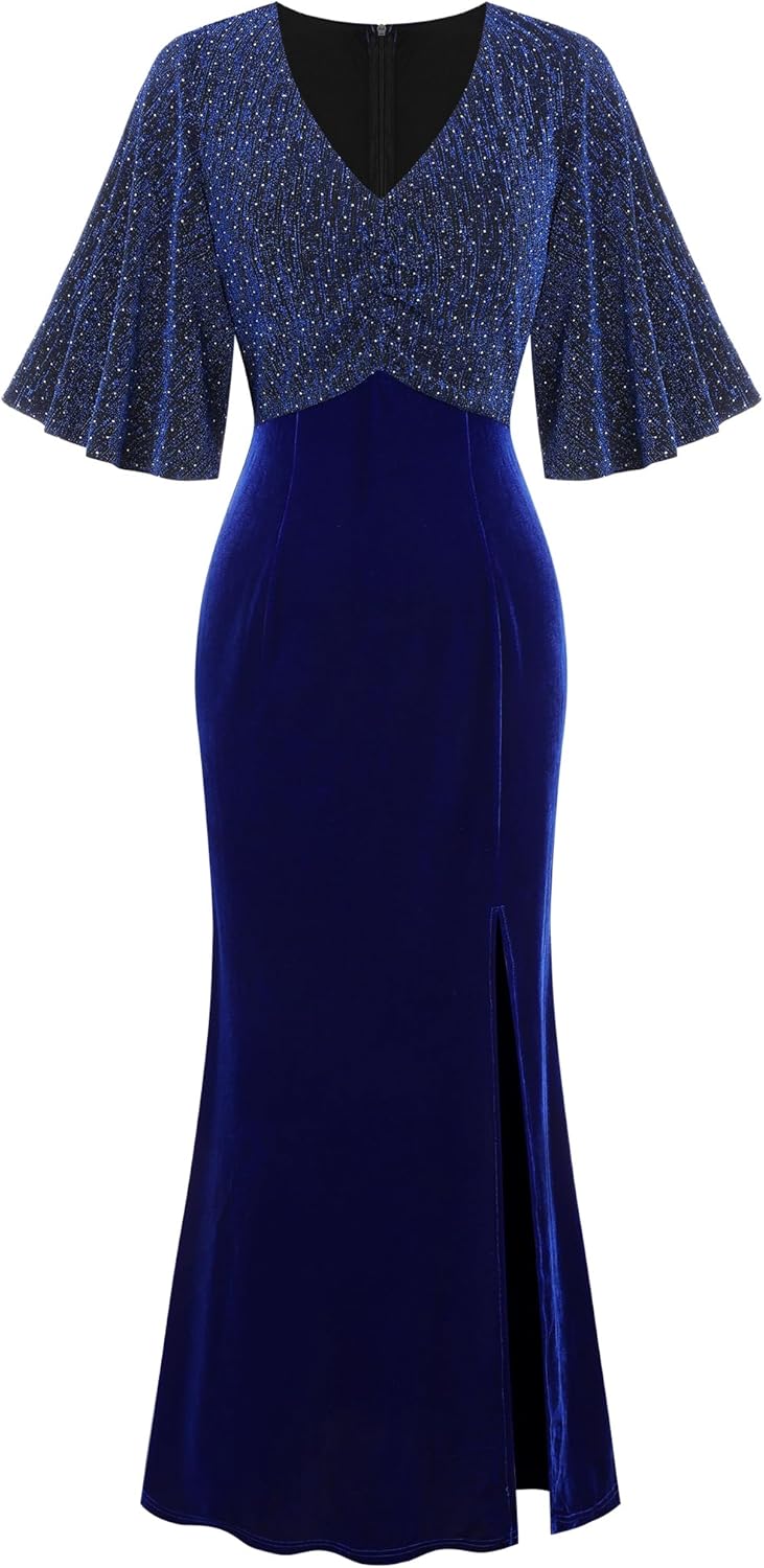 ZAFUL Women's Sparkly Glitter Cocktail Dress Half Sleeve Formal Wedding Guest Dresses V Neck Bodycon Party Evening Prom Dress