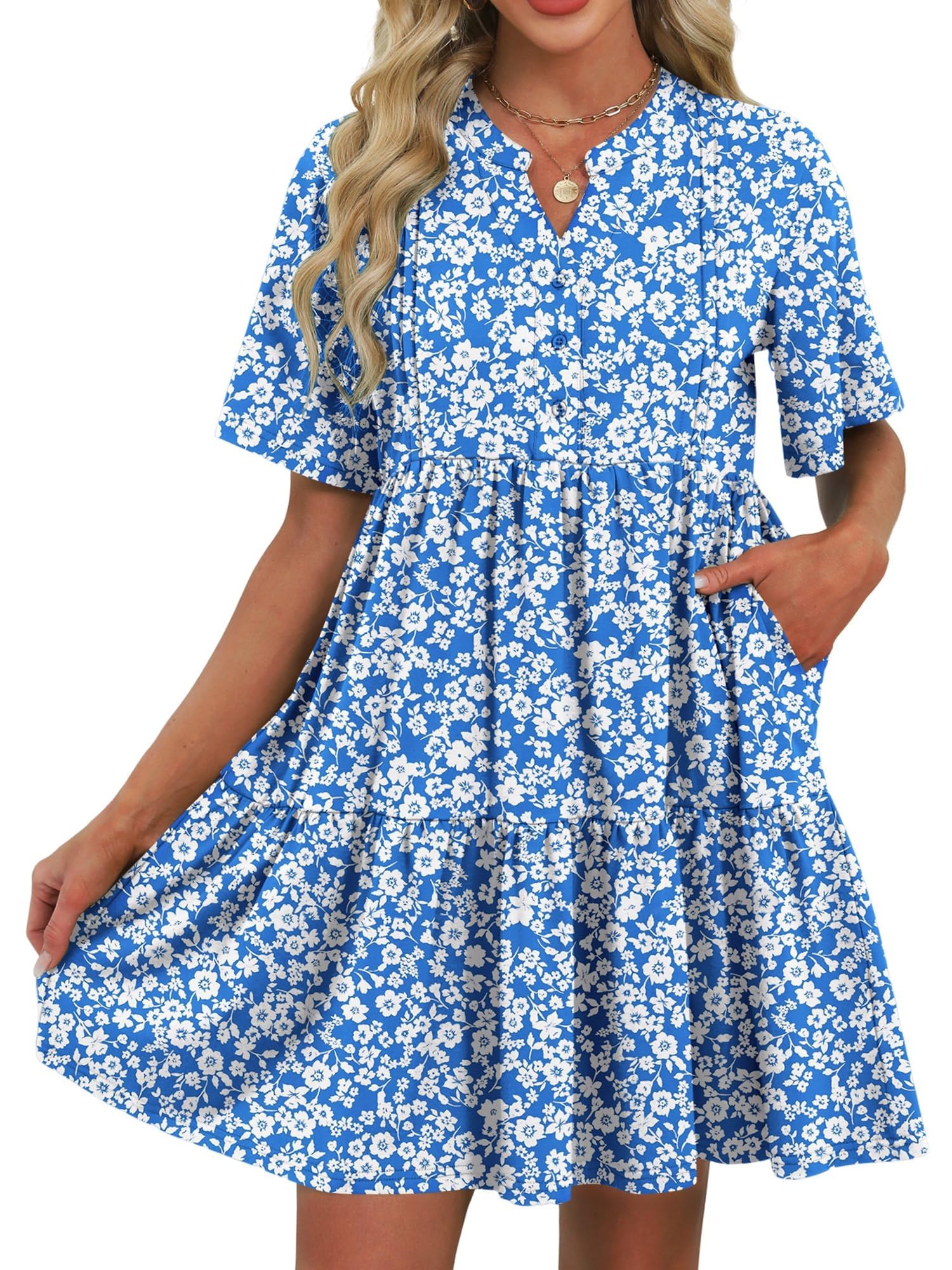 ZAFUL Womens Summer Dress 2025 Short Seeve V Neck Casual Beach Aline Tiered Mini Dress with Pockets