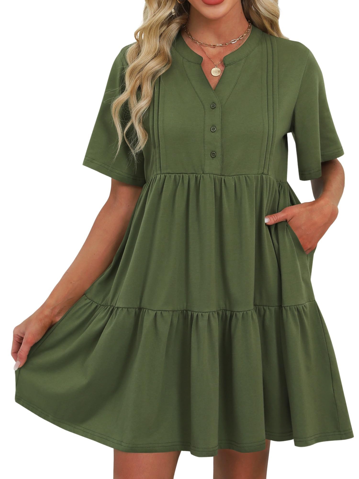 ZAFUL Womens Summer Dress 2025 Short Seeve V Neck Casual Beach Aline Tiered Mini Dress with Pockets