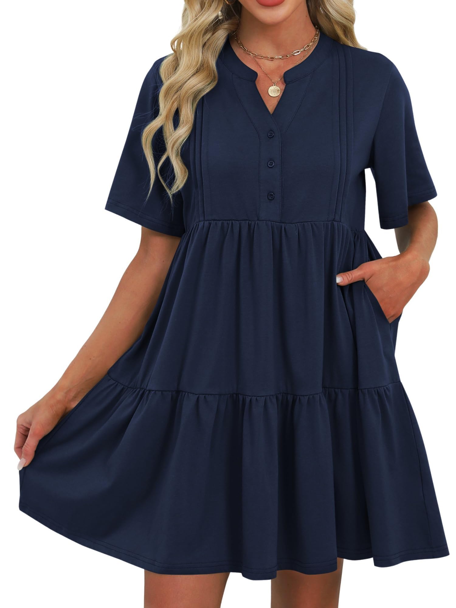 ZAFUL Womens Summer Dress 2025 Short Seeve V Neck Casual Beach Aline Tiered Mini Dress with Pockets