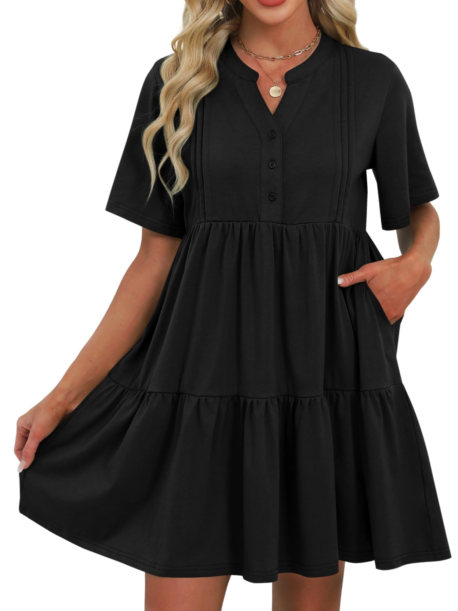 ZAFUL Womens Summer Dress 2025 Short Seeve V Neck Casual Beach Aline Tiered Mini Dress with Pockets