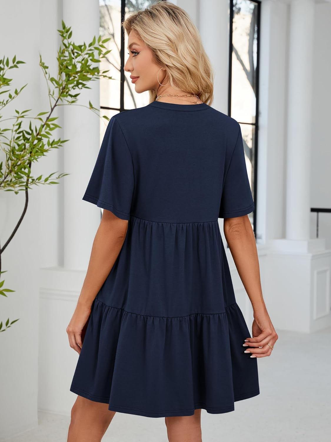 ZAFUL Womens Summer Dress 2025 Short Seeve V Neck Casual Beach Aline Tiered Mini Dress with Pockets