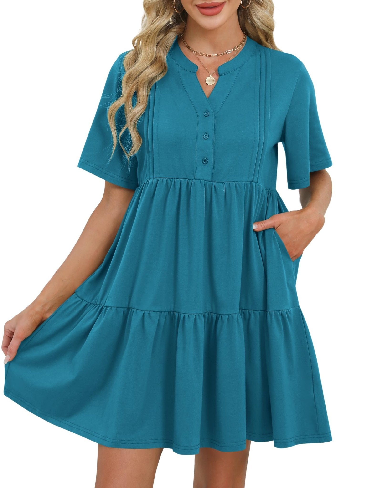 ZAFUL Womens Summer Dress 2025 Short Seeve V Neck Casual Beach Aline Tiered Mini Dress with Pockets