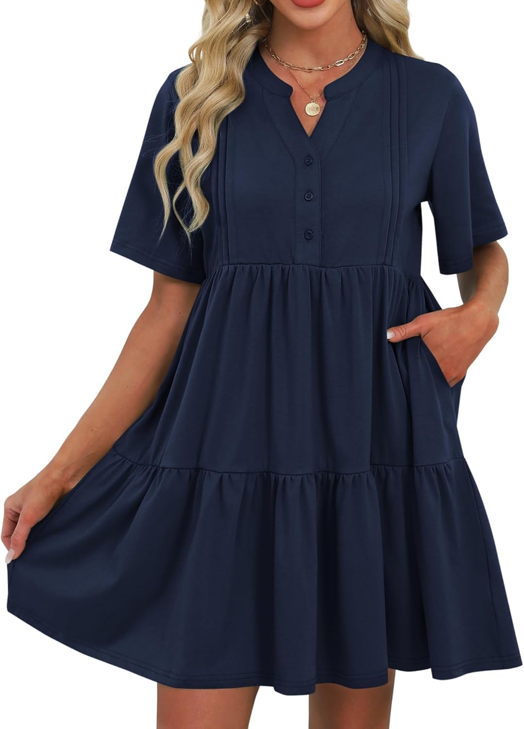 ZAFUL Womens Summer Dresses V Neck Flutter Sleeve Short Sundress Navy Blue Petite Beach Vacation A-Line Babydoll Dress with Pockets M
