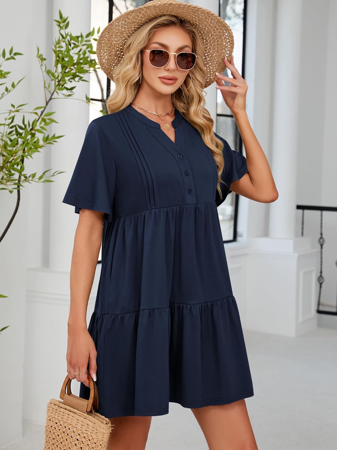 ZAFUL Womens Summer Dresses V Neck Flutter Sleeve Short Sundress Navy Blue Petite Beach Vacation A-Line Babydoll Dress with Pockets M