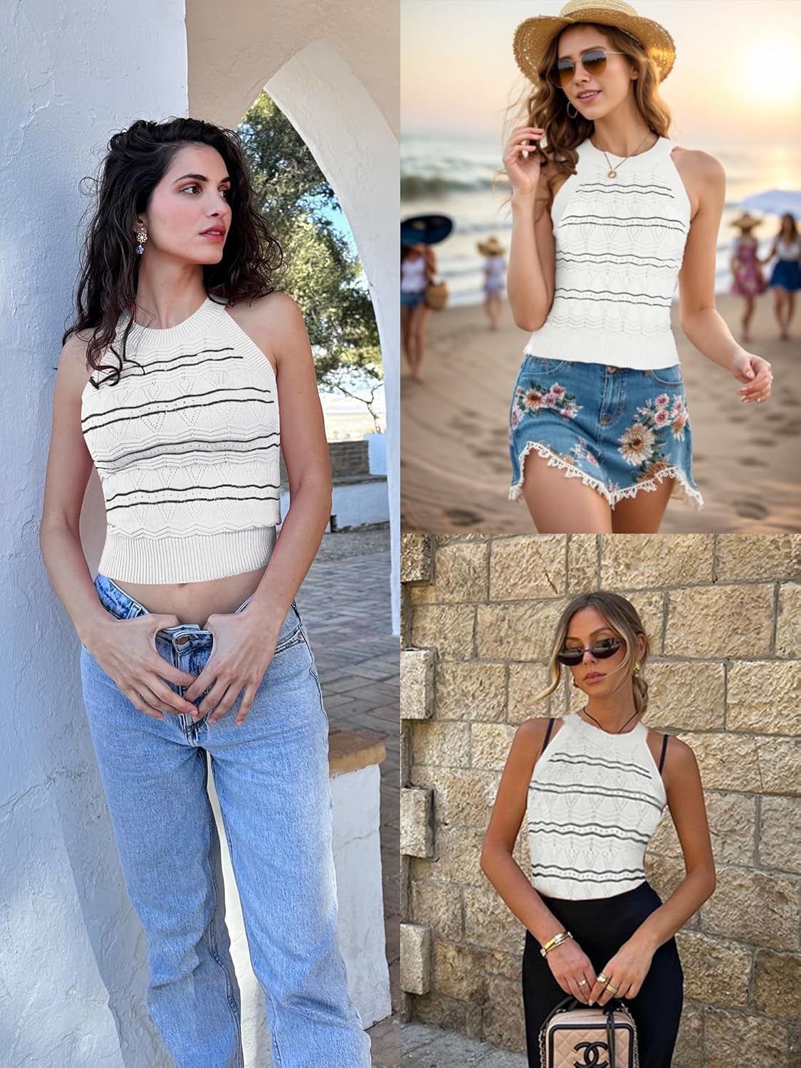 ZAFUL Womens Summer Halter Tops Striped Y2K Sleeveless Racerback Slim Fitted Stretchy Knit Cami Tank Tops