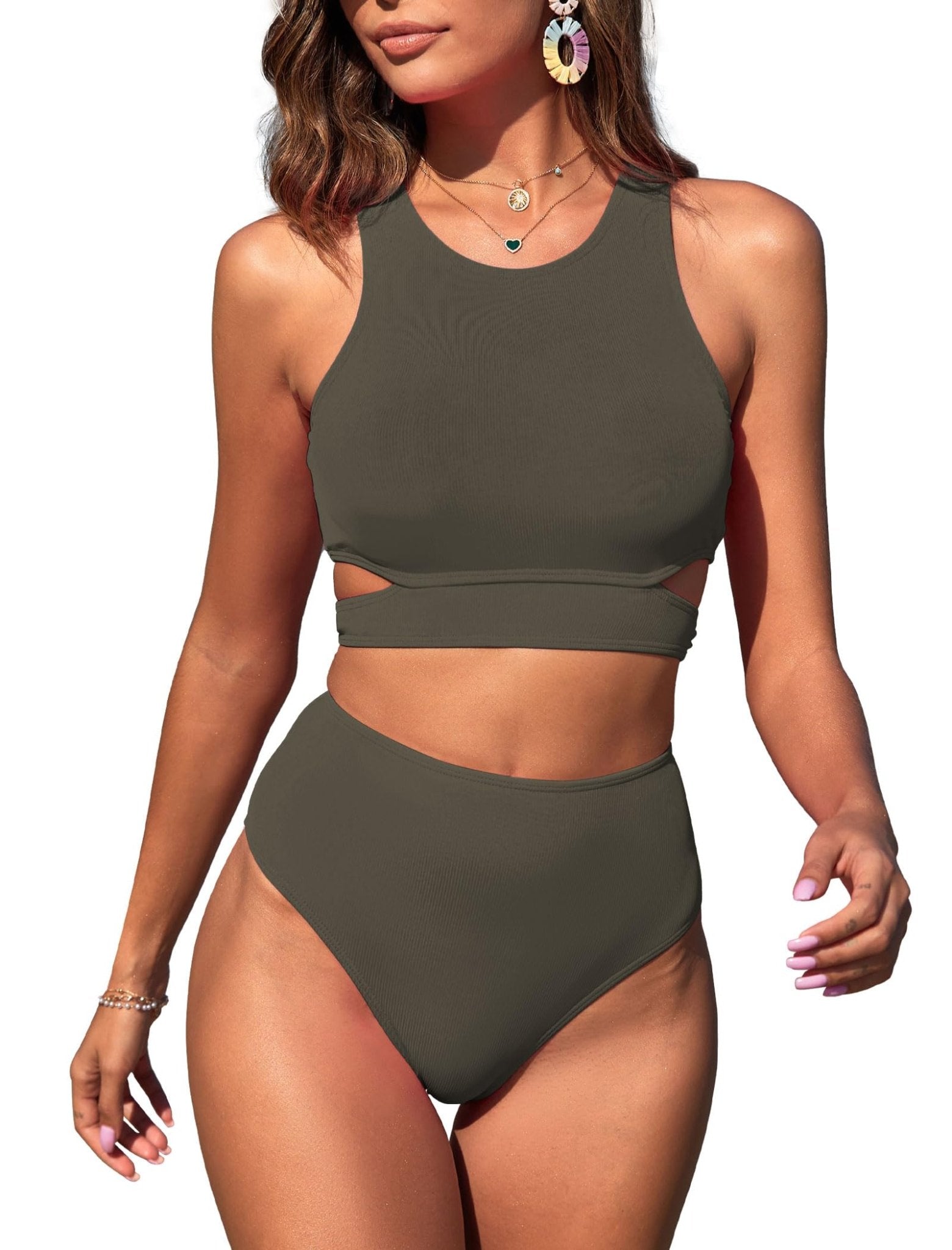 ZAFUL Women's Swimsuit High Waisted Bikini Sets Two Piece Swimsuit Scoop Neck Tank Side Cutout Midkini Stitching