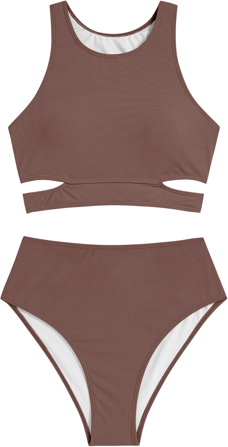 ZAFUL Women's Swimsuit High Waisted Bikini Sets Two Piece Swimsuit Scoop Neck Tank Side Cutout Midkini Stitching