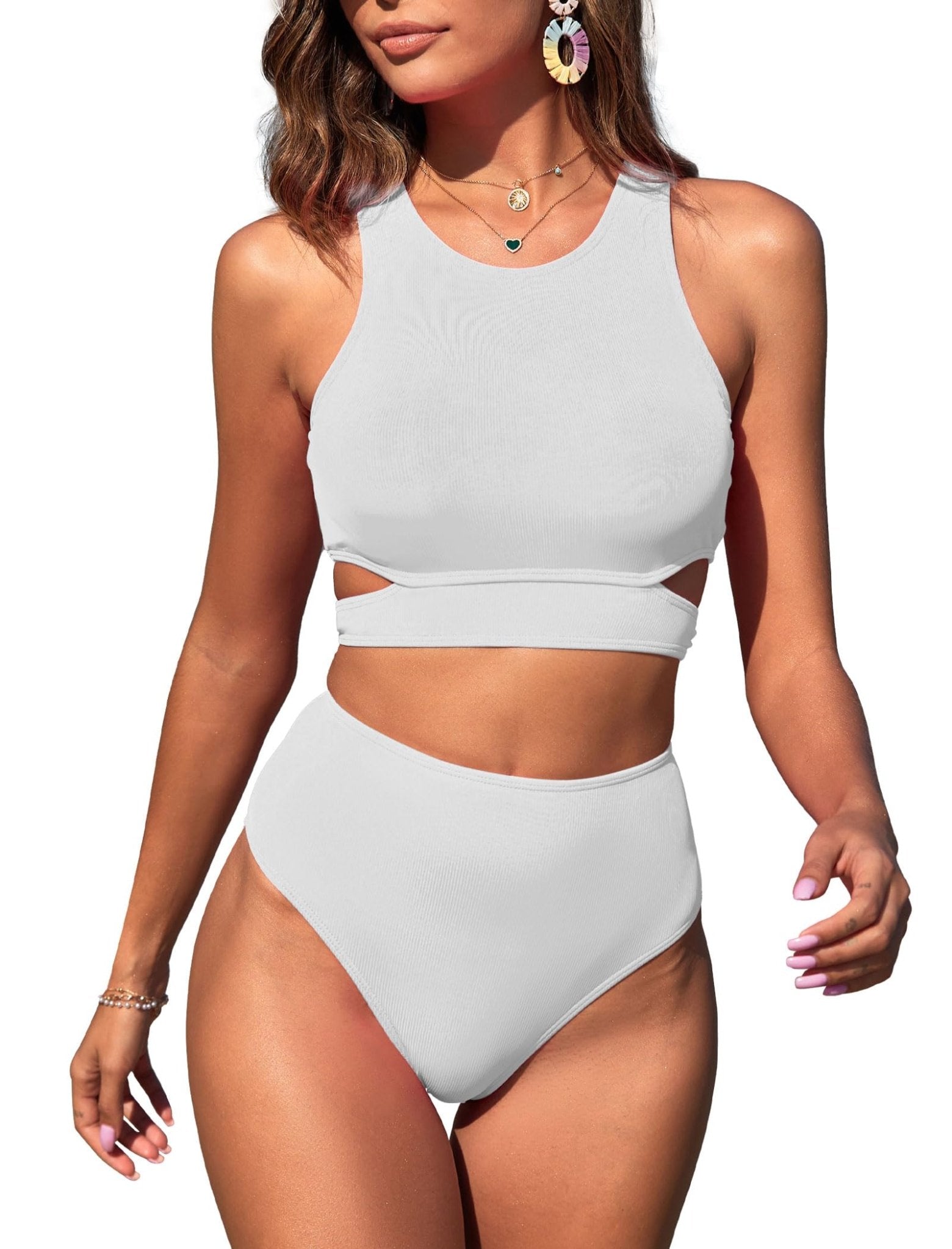 ZAFUL Women's Swimsuit High Waisted Bikini Sets Two Piece Swimsuit Scoop Neck Tank Side Cutout Midkini Stitching