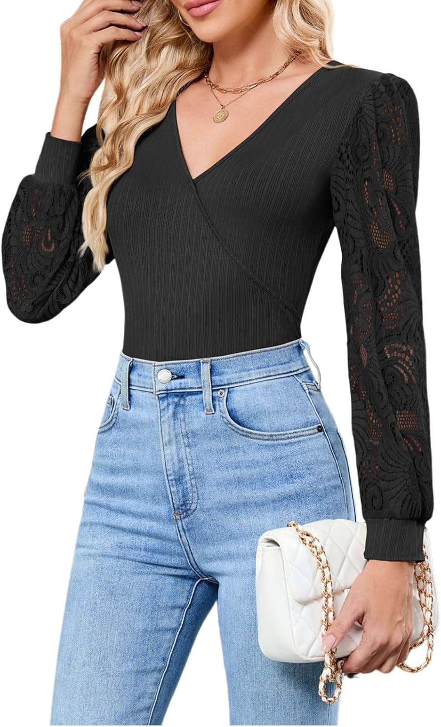 ZAFUL Womens Tops Cross Wrap Deep V Neck Long Sleeve Tops Fall Lace Sleeve Blouse Shirts 2025 Fashion Casual Top
