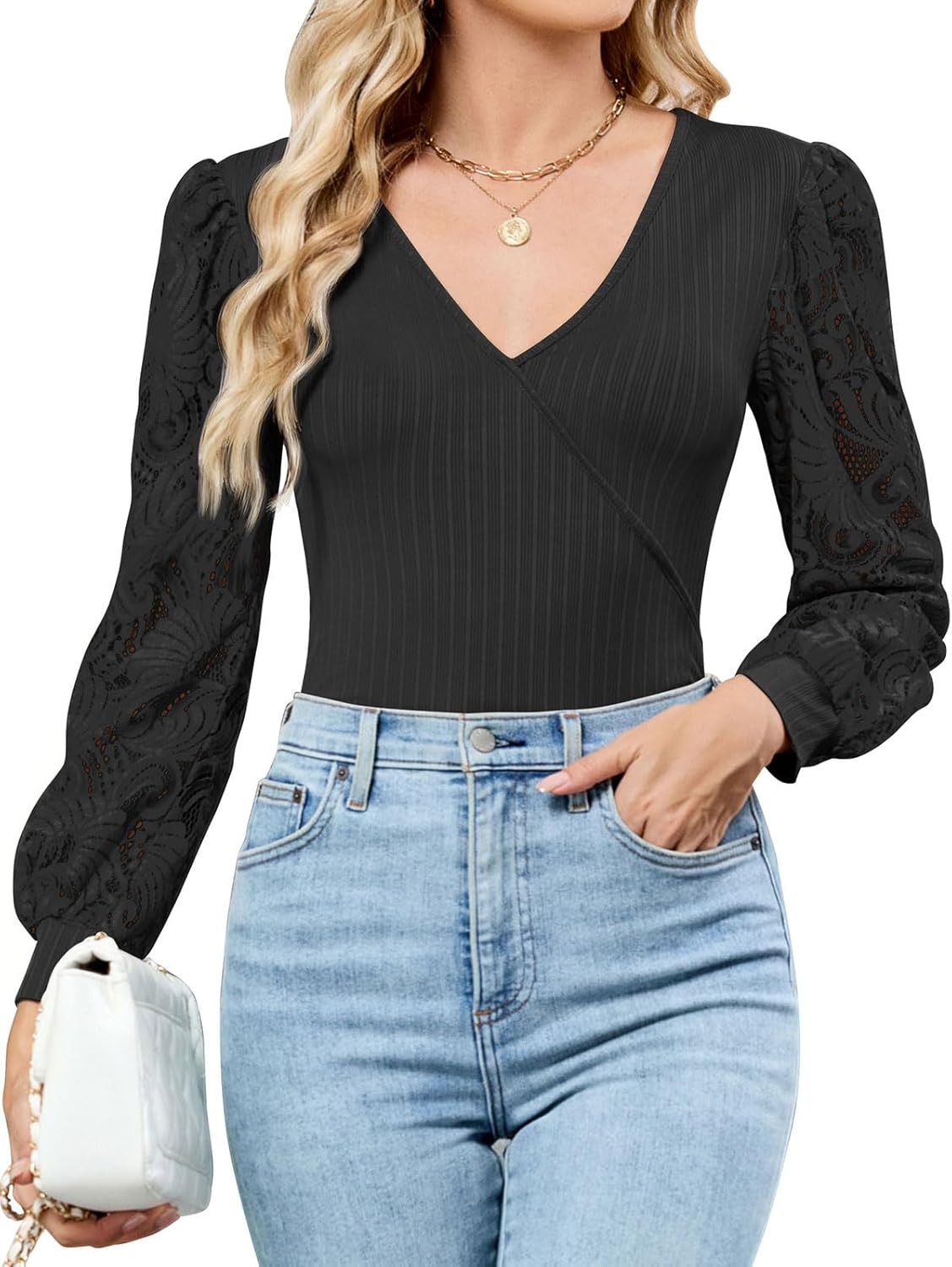 ZAFUL Womens Tops Cross Wrap Deep V Neck Long Sleeve Tops Fall Lace Sleeve Blouse Shirts 2025 Fashion Casual Top