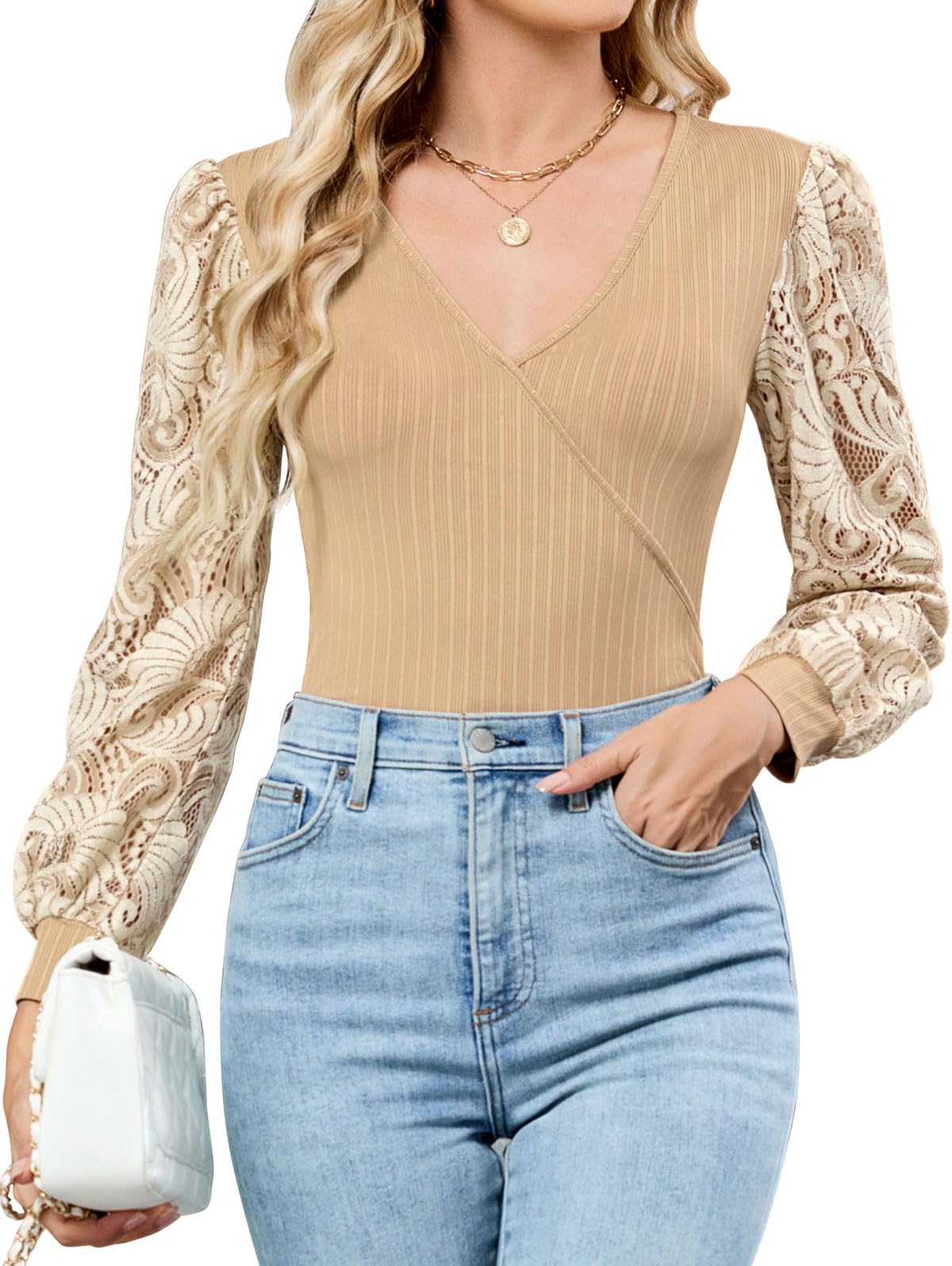 ZAFUL Womens Tops Cross Wrap Deep V Neck Long Sleeve Tops Fall Lace Sleeve Blouse Shirts 2025 Fashion Casual Top