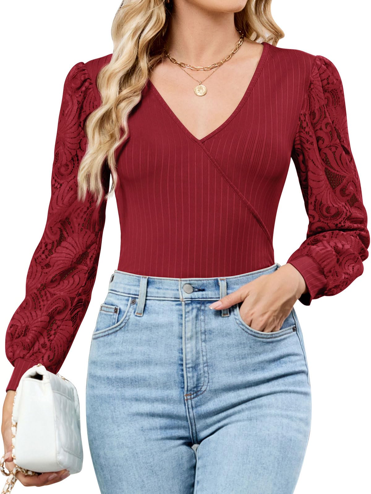 ZAFUL Womens Tops Cross Wrap Deep V Neck Long Sleeve Tops Fall Lace Sleeve Blouse Shirts 2025 Fashion Casual Top