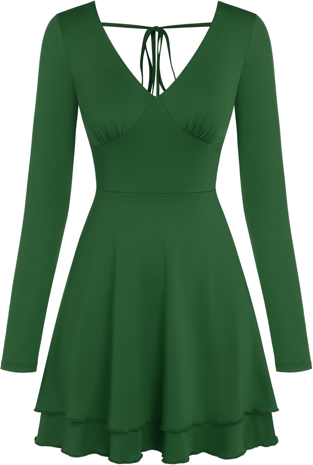 ZAFUL Women's V Neck Long Sleeve Corset Mini Dress Sexy Ruched Chest Backless Tie Ruffle Hem Outdoor Party Short Dresses