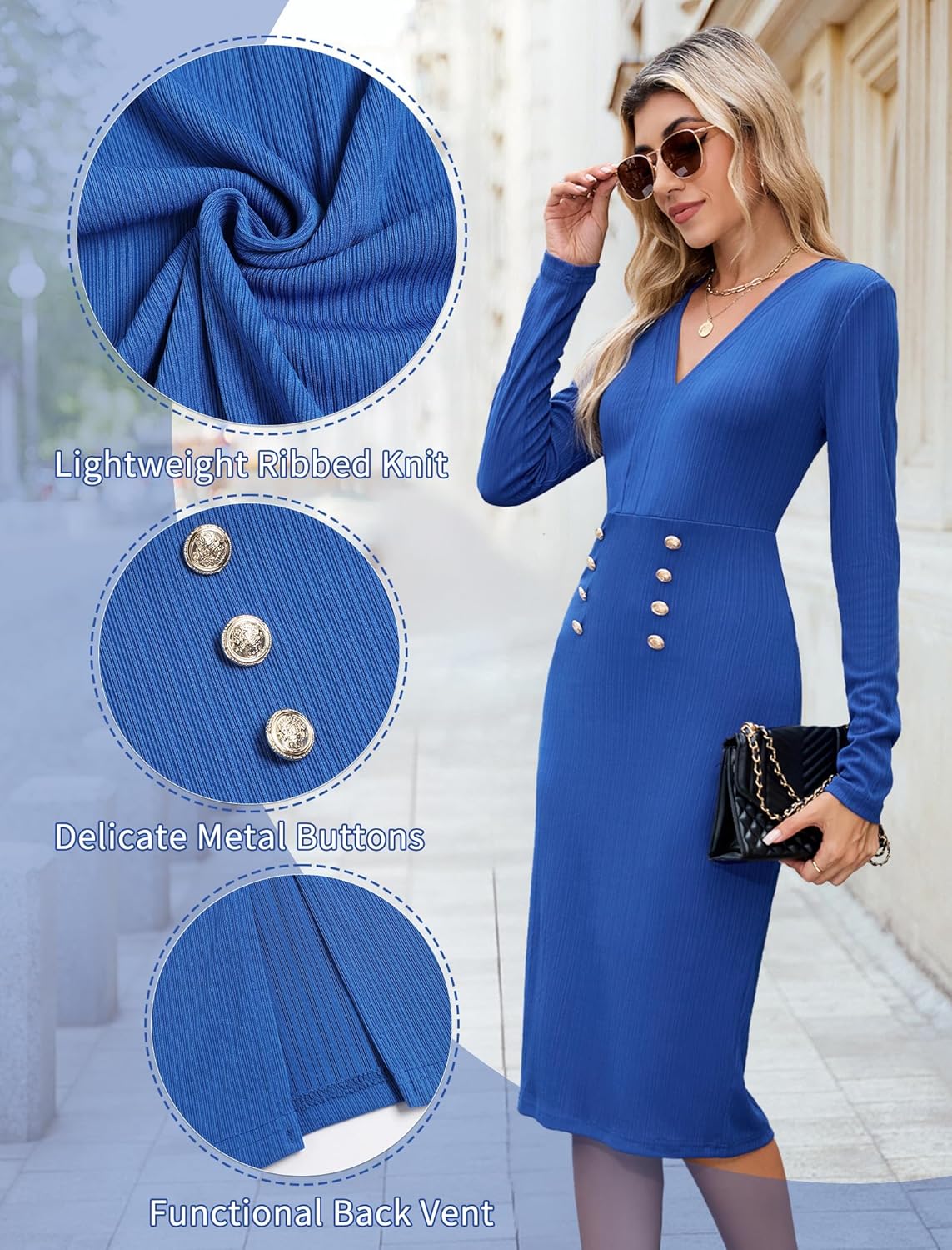 ZAFUL Women's Wear to Work Dresses Long Sleeve Strethcy Bodycon Work Dress V Neck High Waisted Office Formal Pencil Dresses(Royal Blue, L)
