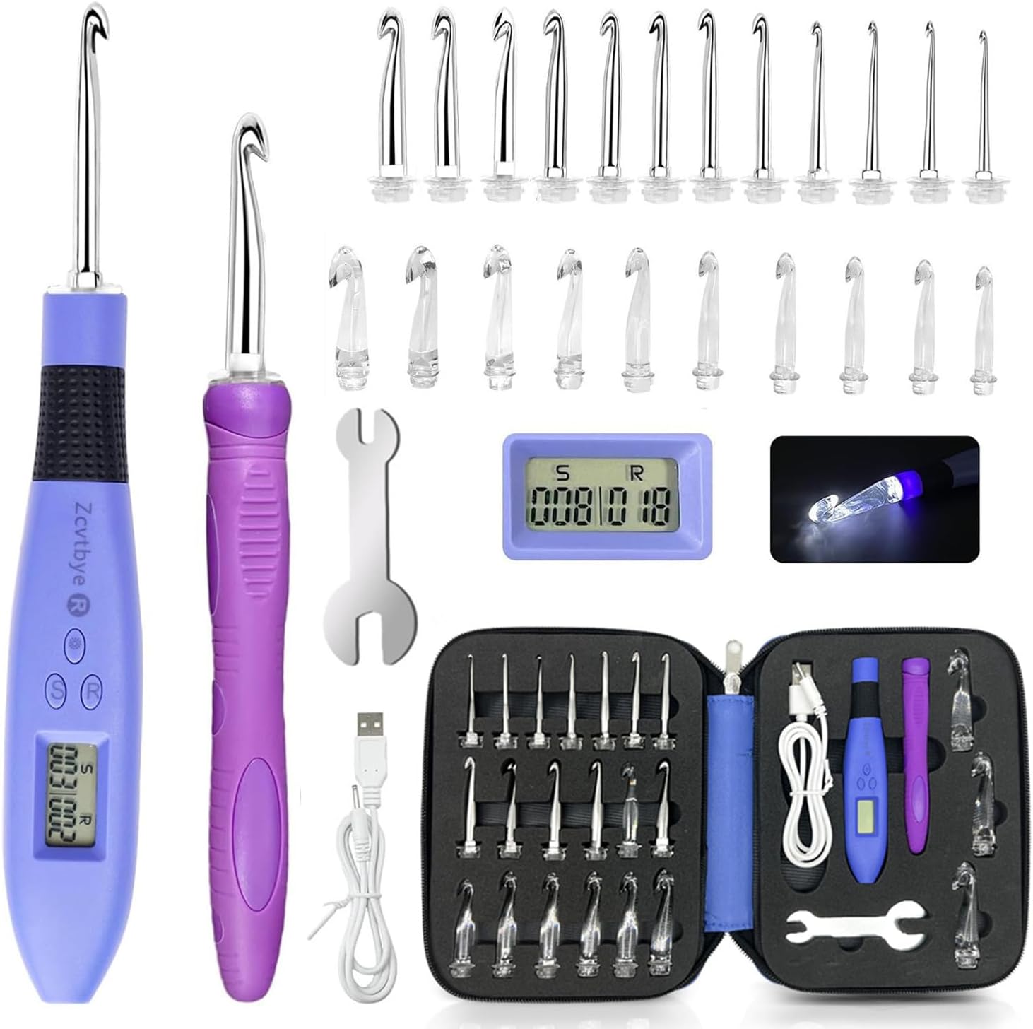 Zcvtbye 22 Size Lighted Crochet Hook Set, Counting Crochet Hook Set Digital for Stitch and Row Counter, Light up Crochet Hook Set with Case, Ergonomic Crochet Hooks with 2 Levels Led (Blue, 22 Size)