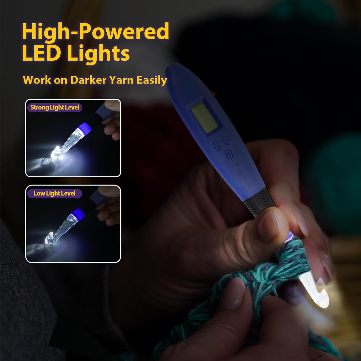 Zcvtbye 22 Size Lighted Crochet Hook Set, Counting Crochet Hook Set Digital for Stitch and Row Counter, Light up Crochet Hook Set with Case, Ergonomic Crochet Hooks with 2 Levels Led (Blue, 22 Size)