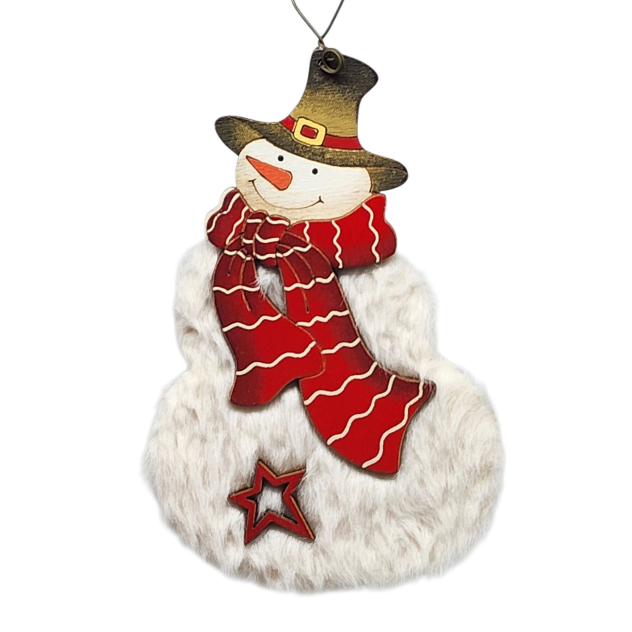 Fuzzy Wooden Snowman Ornament - 5 Inches